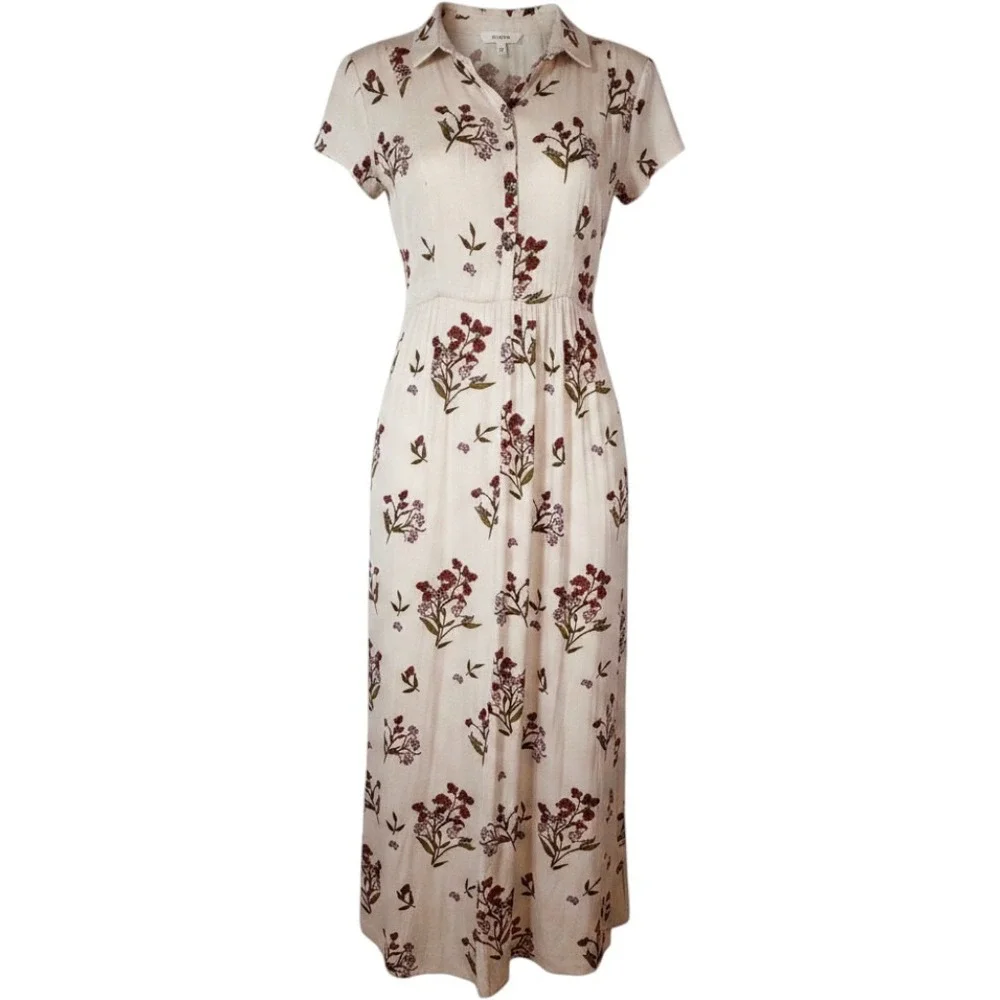 Free People Floral Midi Shirt Dress Cream Berry‎ Botanical Cap Sleeve Pockets 6